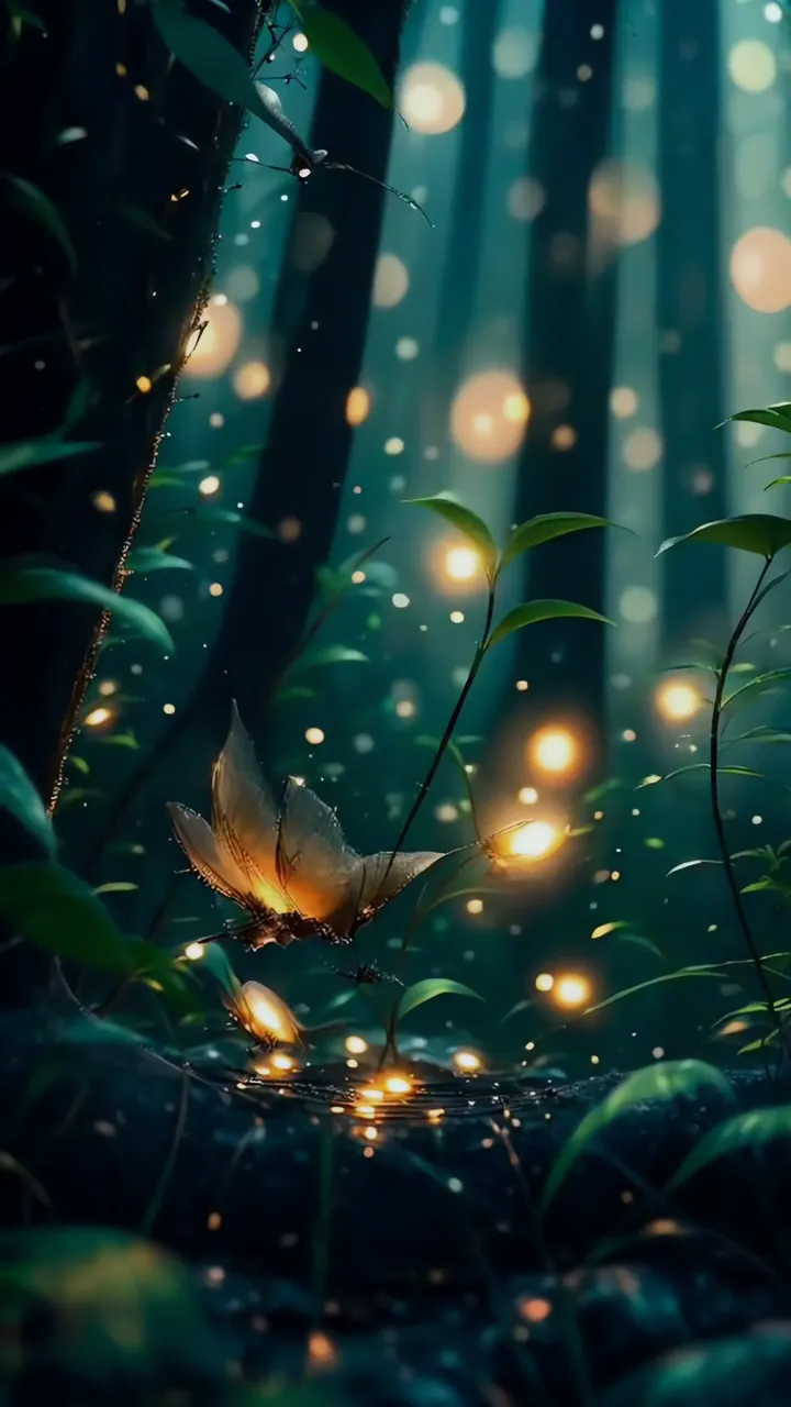 Glowing Butterfly In Mystical Forest With Light Particles