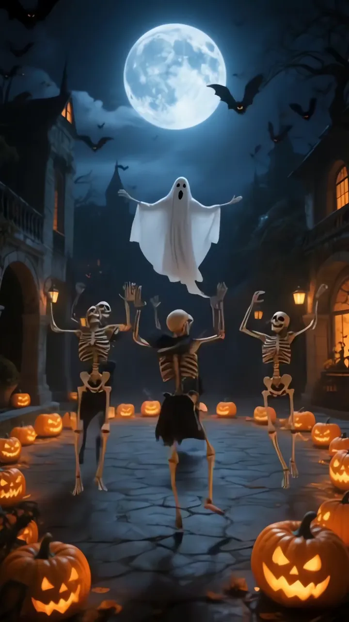 Skeletal Dance Party Under Full Moon With Ghost And Pumpkins