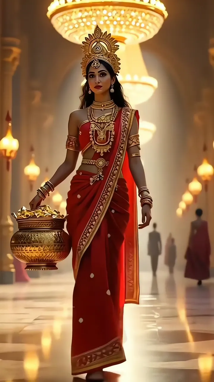 Goddess Lakshmi In Red Saree With Golden Pot And Temple Lights