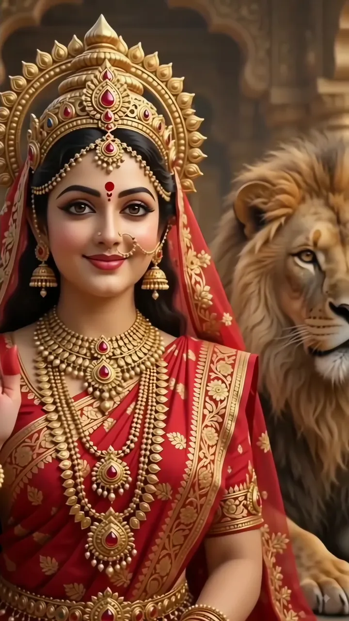 Durga Devi With Lion In Temple Scene