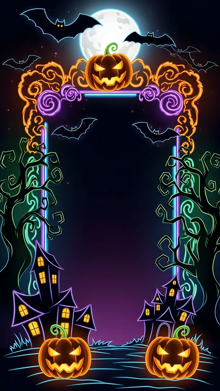 Neon Halloween Pumpkin Frame With Bats And Full Moon