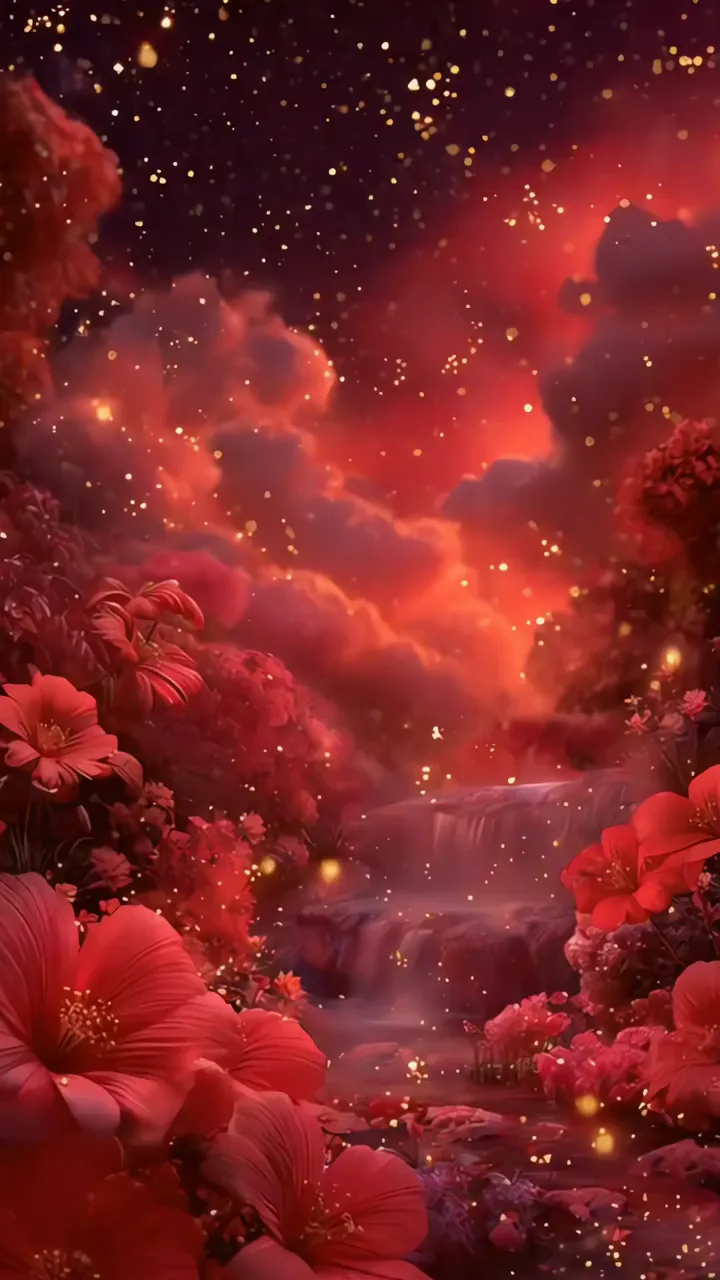 Red Hibiscus Fantasy Valley With Glowing Waterfall