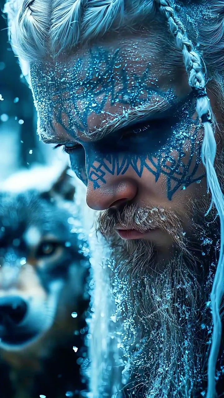 Viking Warrior With Rune Tattoos And Frosty Wolf