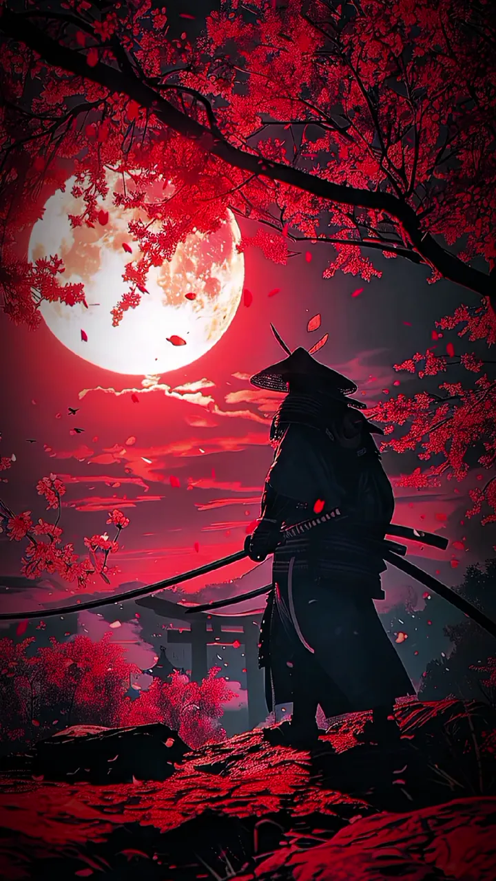Samurai Warrior Under Crimson Cherry Blossom Moon
