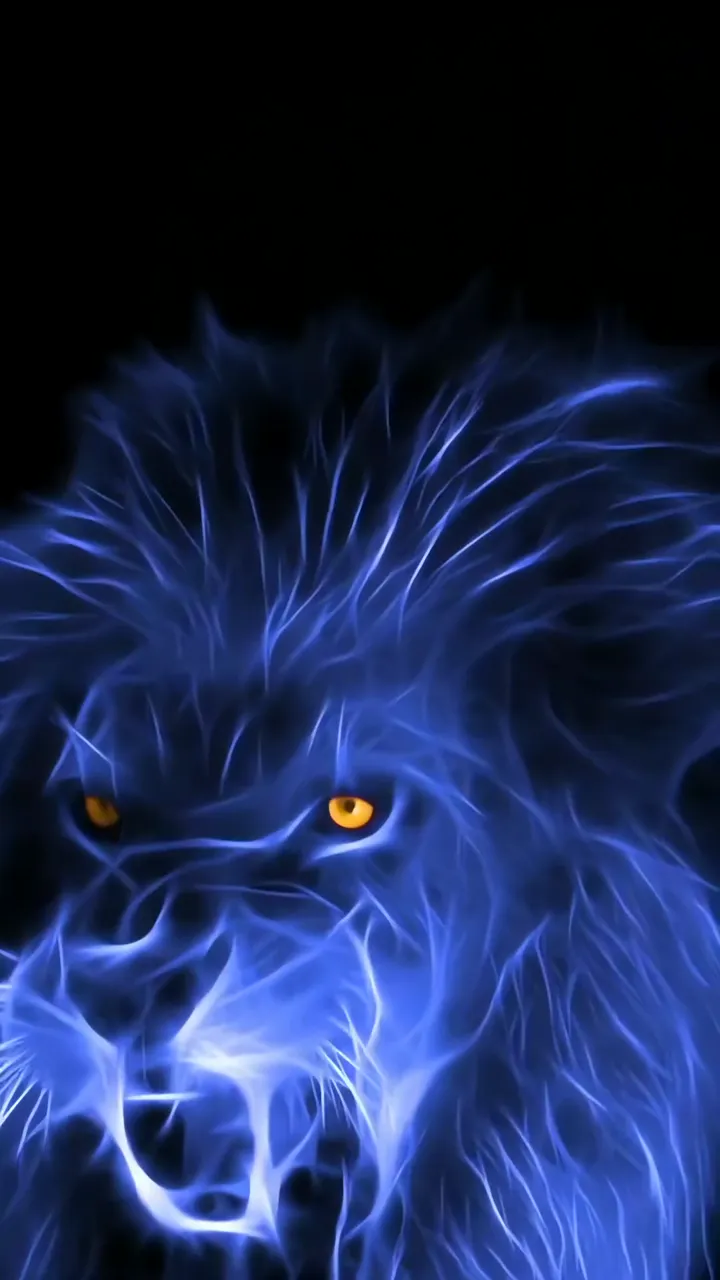Blue Electric Lion With Glowing Orange Eyes