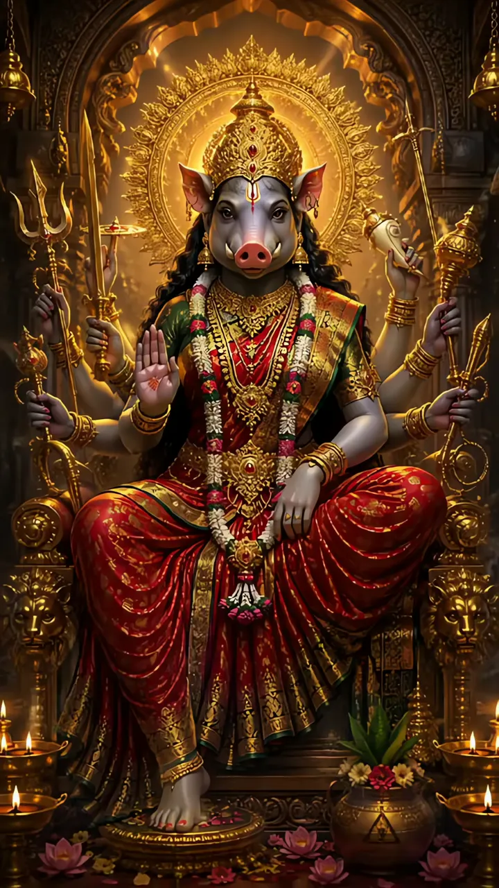 Maa Varahi Divine Blessings With Golden Aura And Sacred Temple Scene