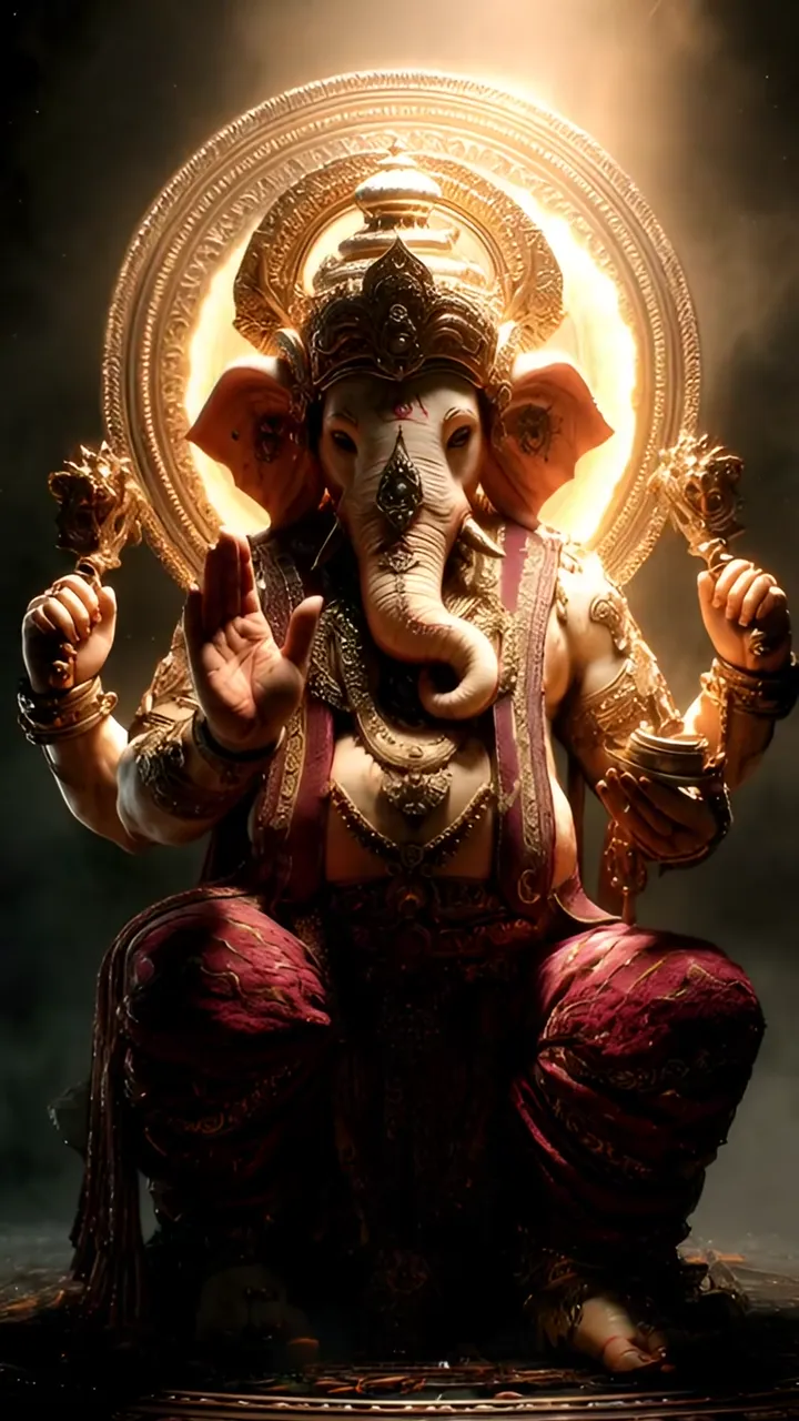 Ganesha Divine Golden Aura With Sacred Symbols