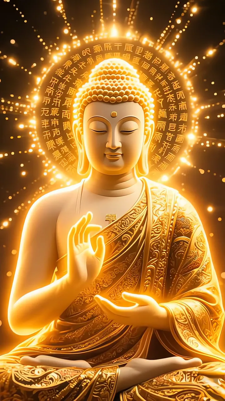Glowing Buddha Meditation With Sacred Halo And Golden Robes