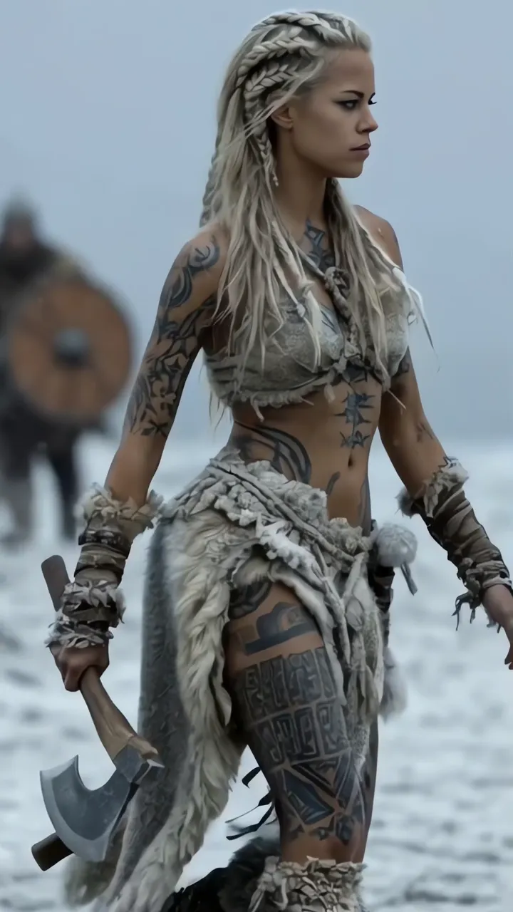 Viking Queen Lagertha With Battle Axe And Tribal Tattoos