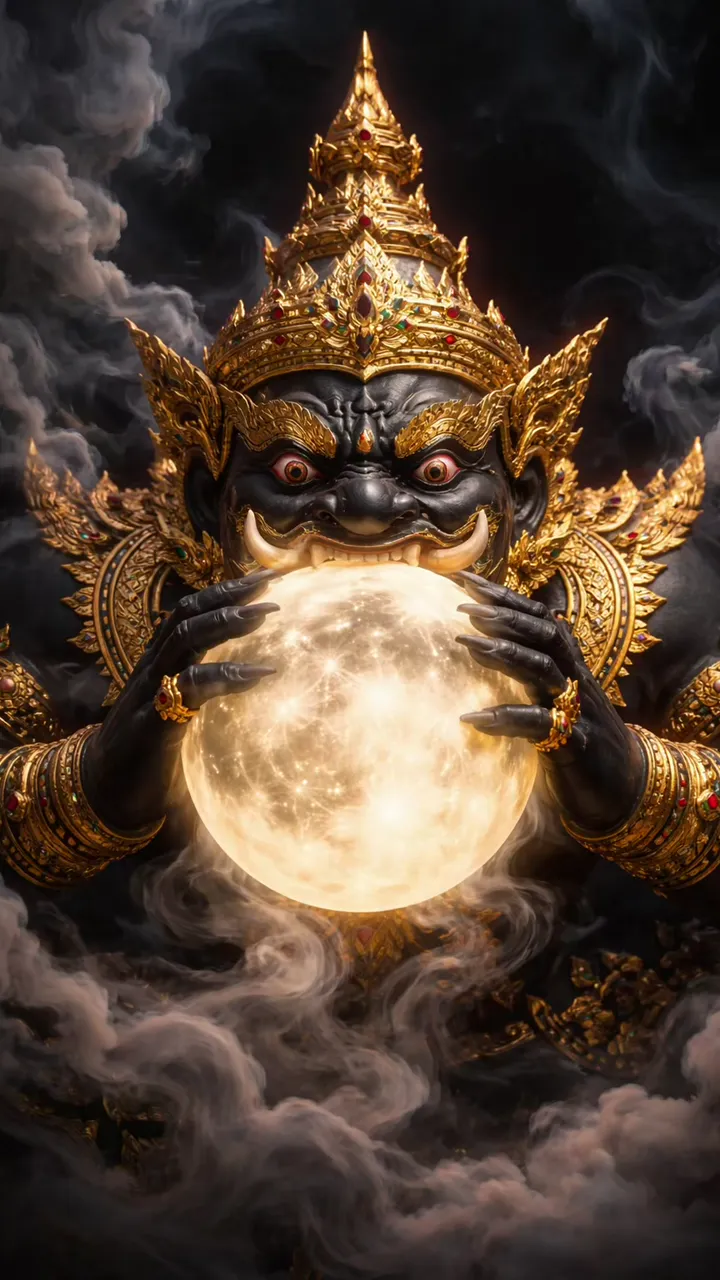 Black Skinned Hindu God Holding Full Moon With Golden Crown