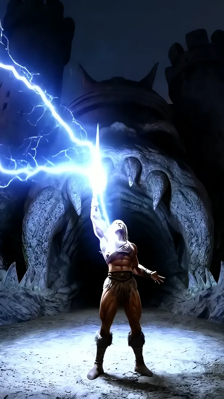 Hércules Summoning Lightning In Cave With Giant Stone Face
