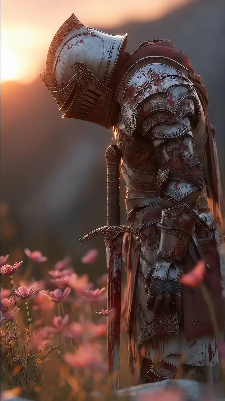 Bloodstained Medieval Knight With Sword Standing In Pink Flowers