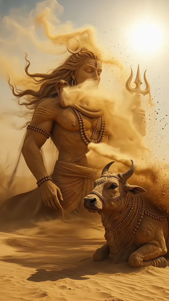 Shiva Blessing With Nandi Bull And Trishul In Desert Sand