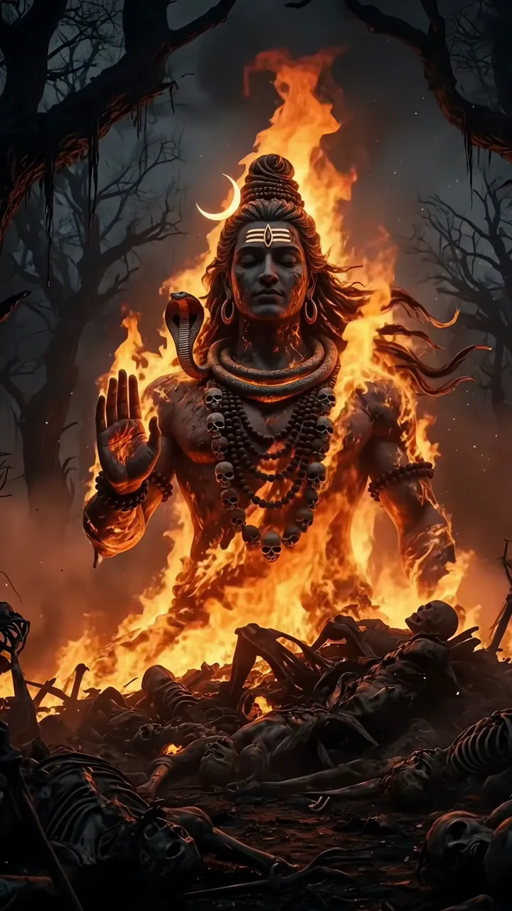 Shiva In Flames With Cobra And Skulls In Dark Forest