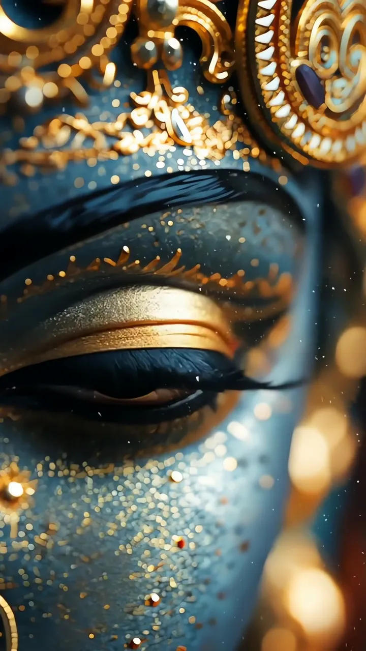 Durga’s Gaze: Cosmic Eye With Golden Eyeliner And Blue Skin