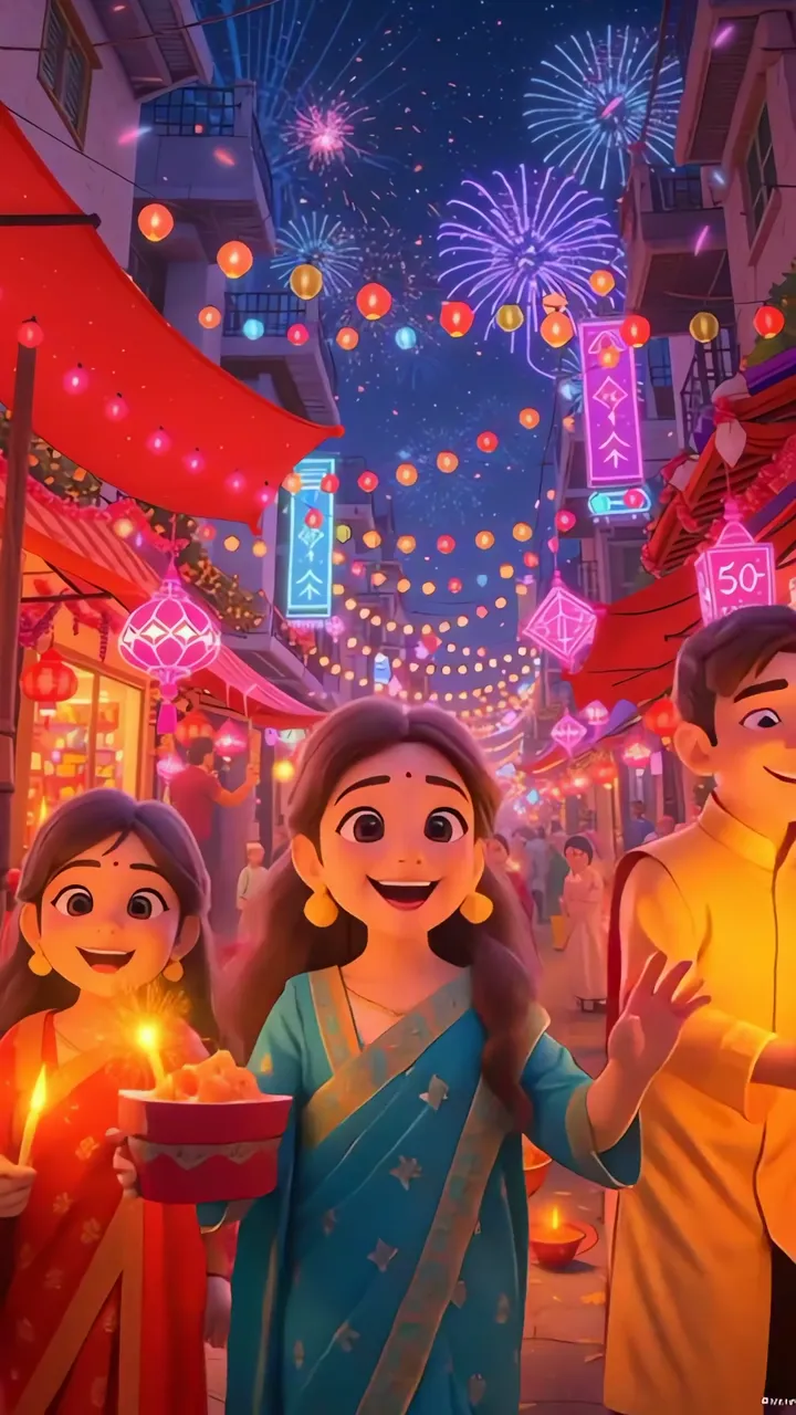 Happy Diwali Festival Celebration With Fireworks And Lanterns
