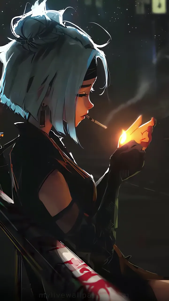 Anime Girl Smoking Cigarette With Sword Resting Night Scene