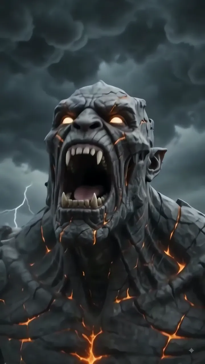 Giant Rock Monster With Lava Flow And Thunderstorm
