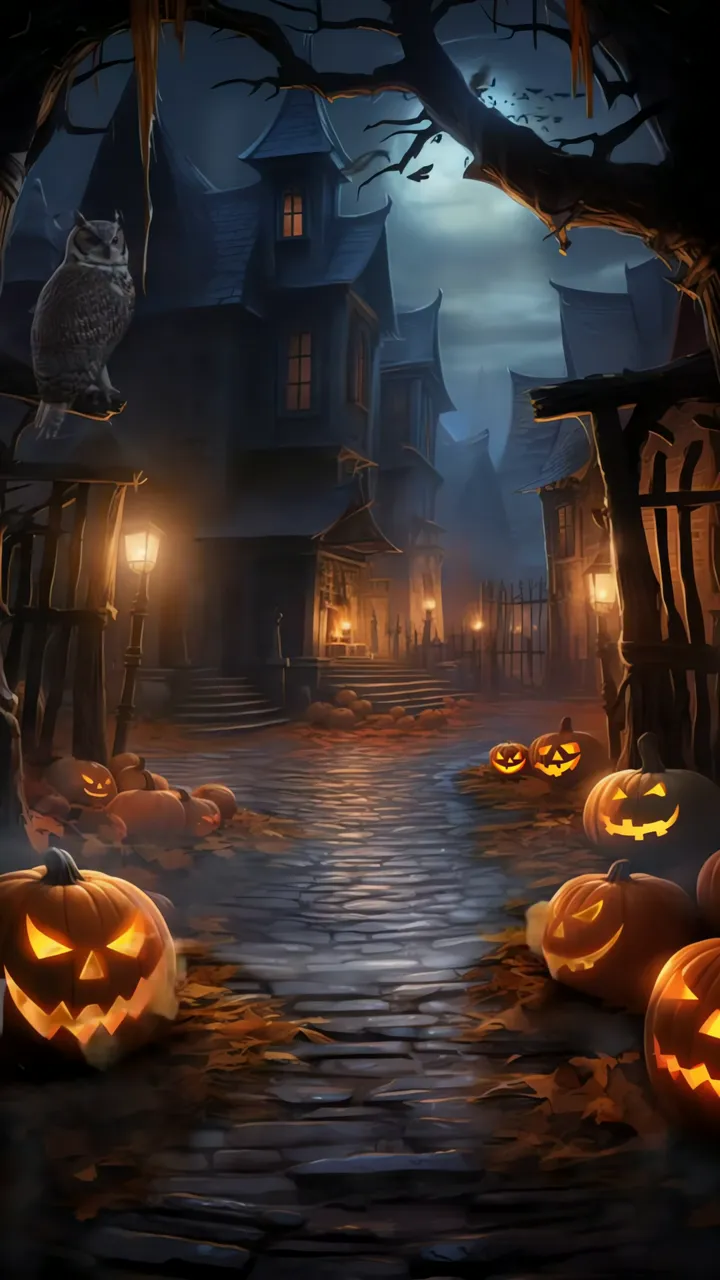 Spooky Halloween Street With Glowing Pumpkins And Owl