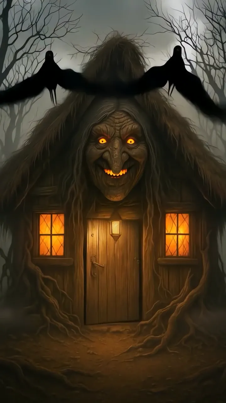 Grinning Witch House With Flying Crows And Orange Glow