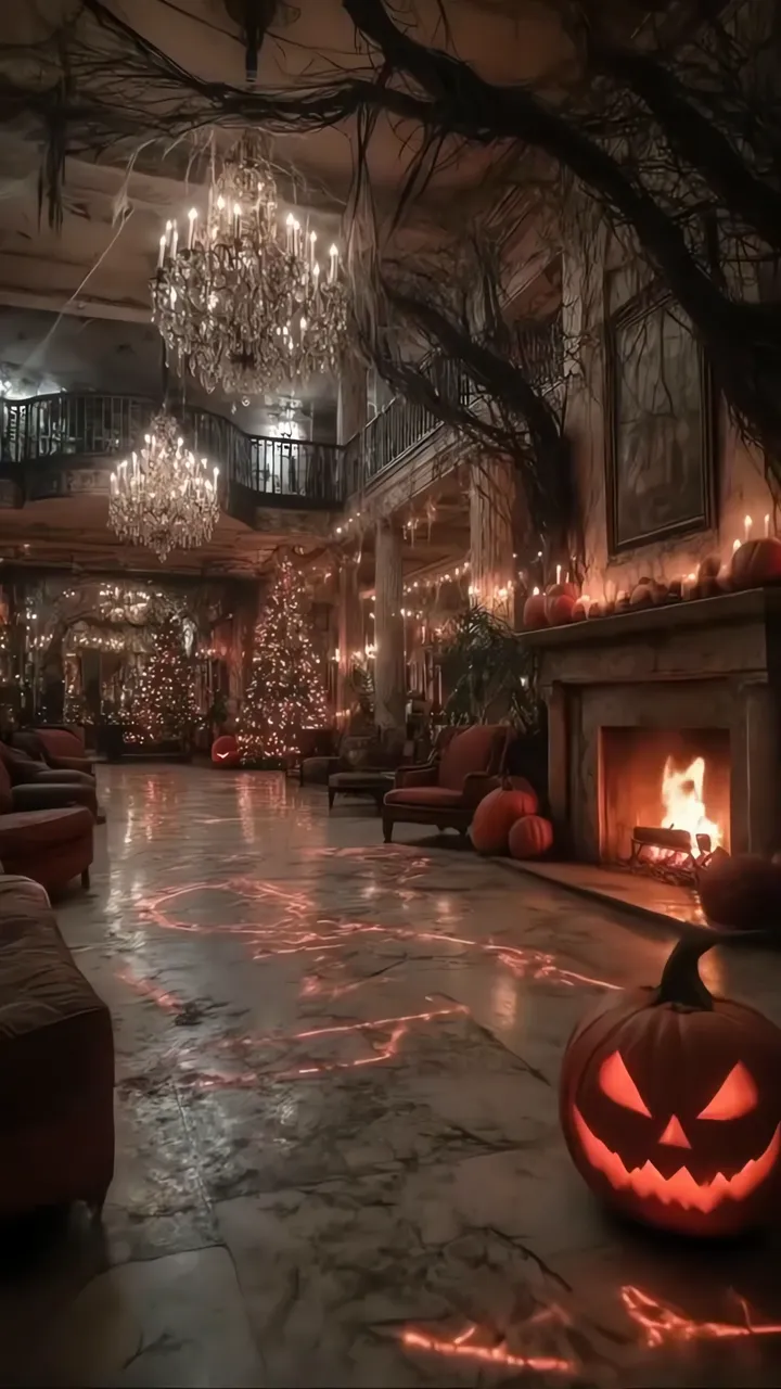 Spooky Halloween Mansion With Jack-o'-Lanterns And Fire