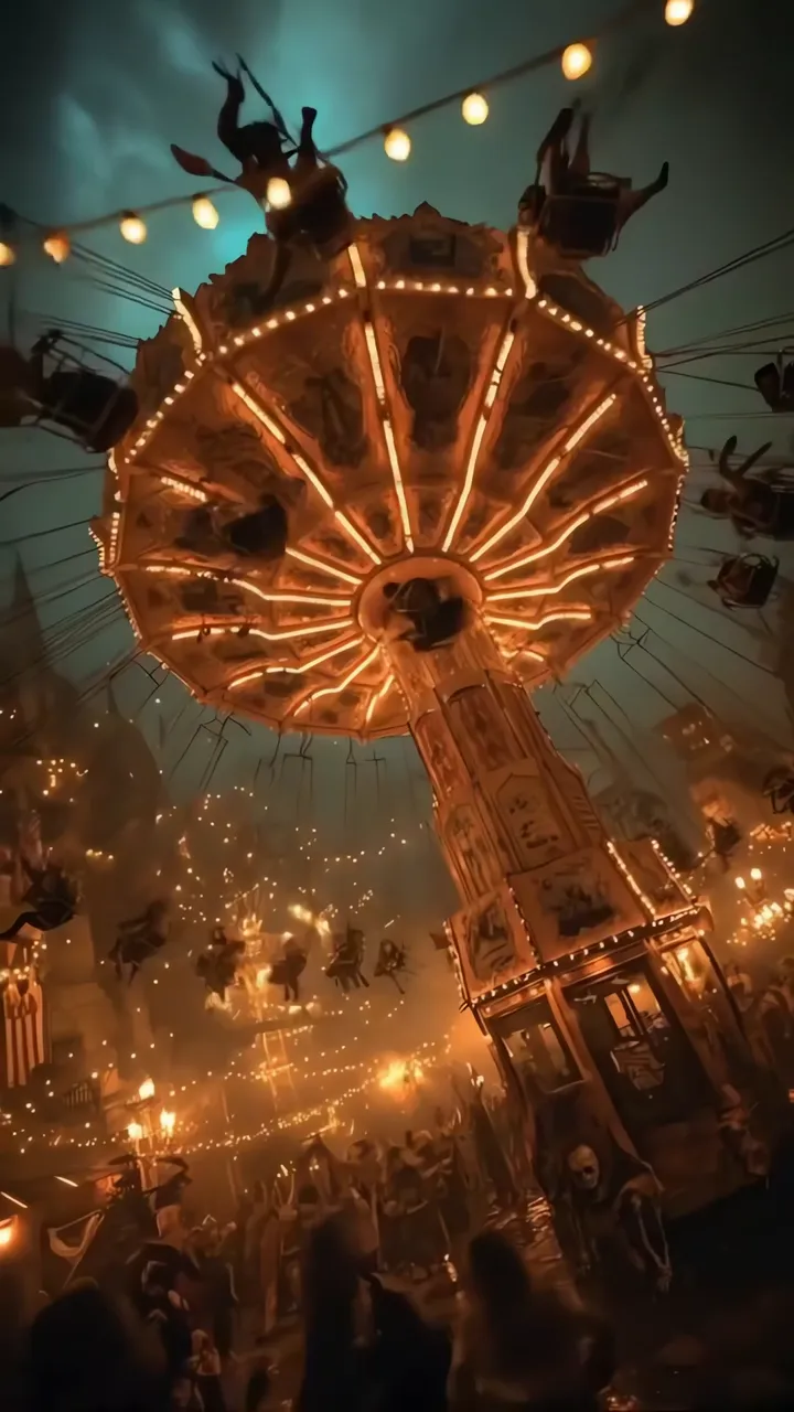 Gothic Carnival Ride With Hanging Seats And String Lights