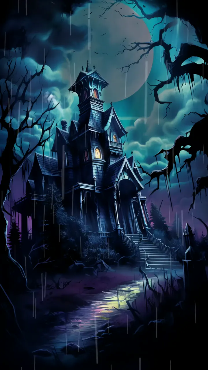 Haunted House Under Full Moon With Rain And Bats