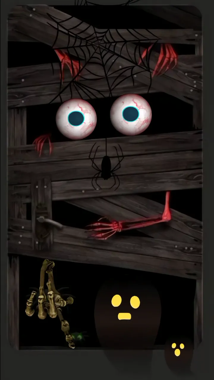 Creepy Animated Eyes With Red Hands And Spider Web Horror Scene