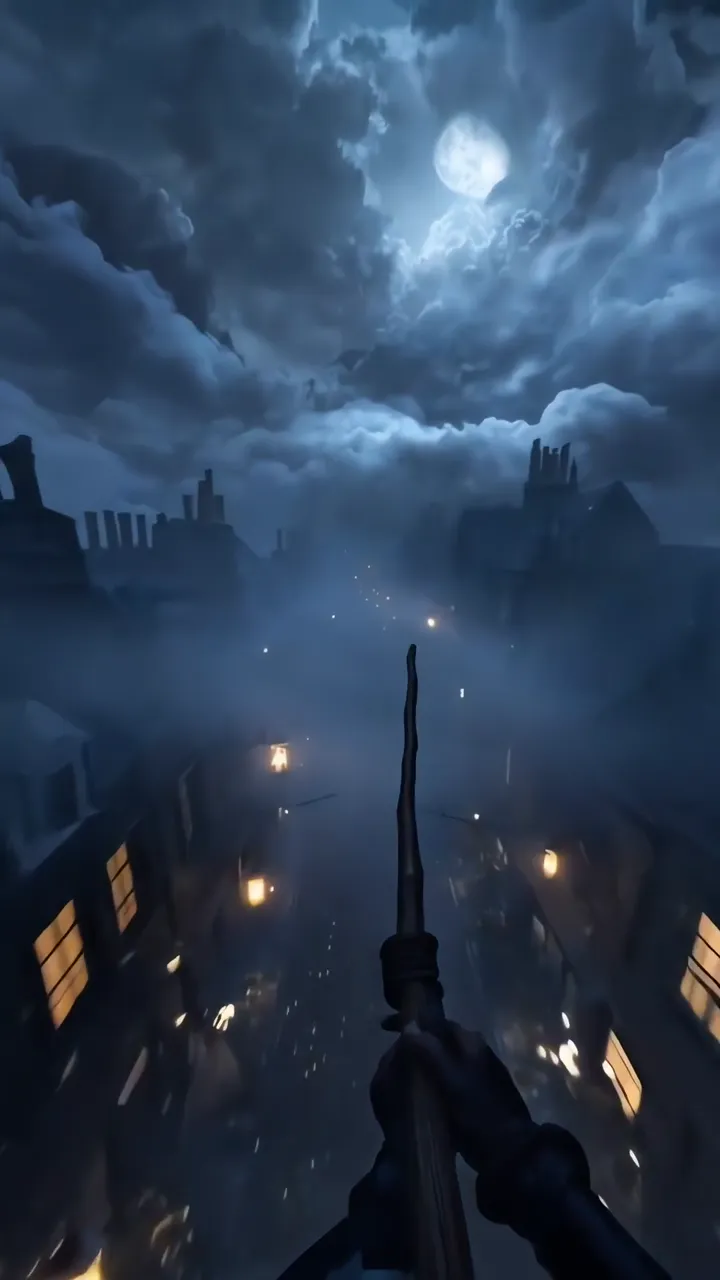 First-Person Witch Flying Over Foggy City With Moon
