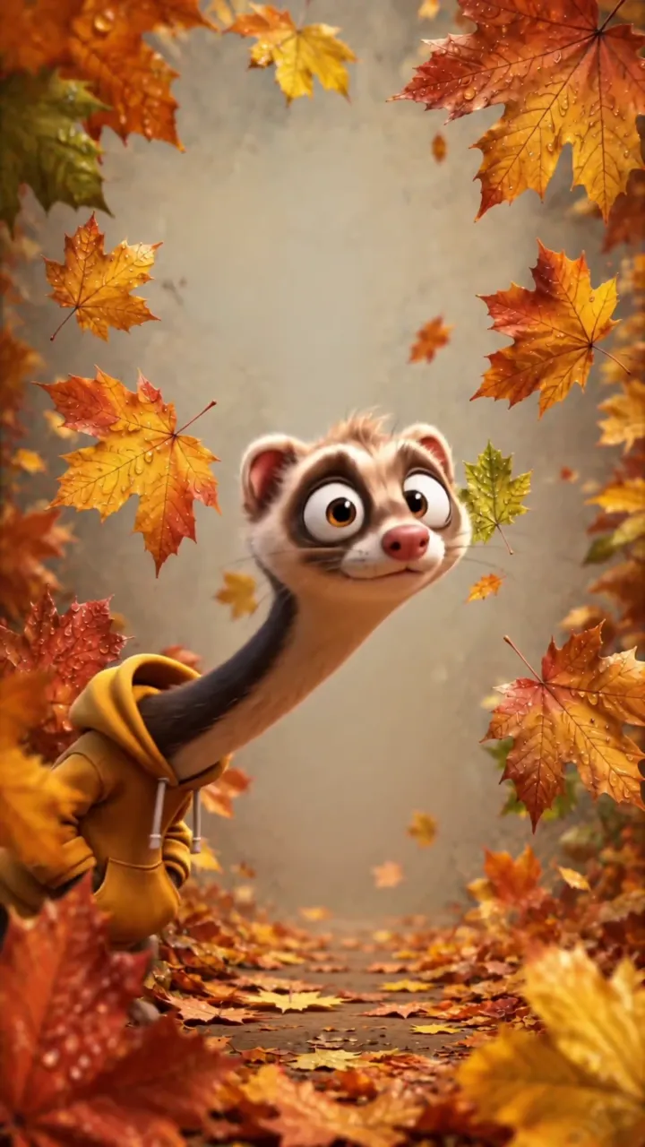 Cute Ferret In Autumn Leaves With Yellow Hoodie