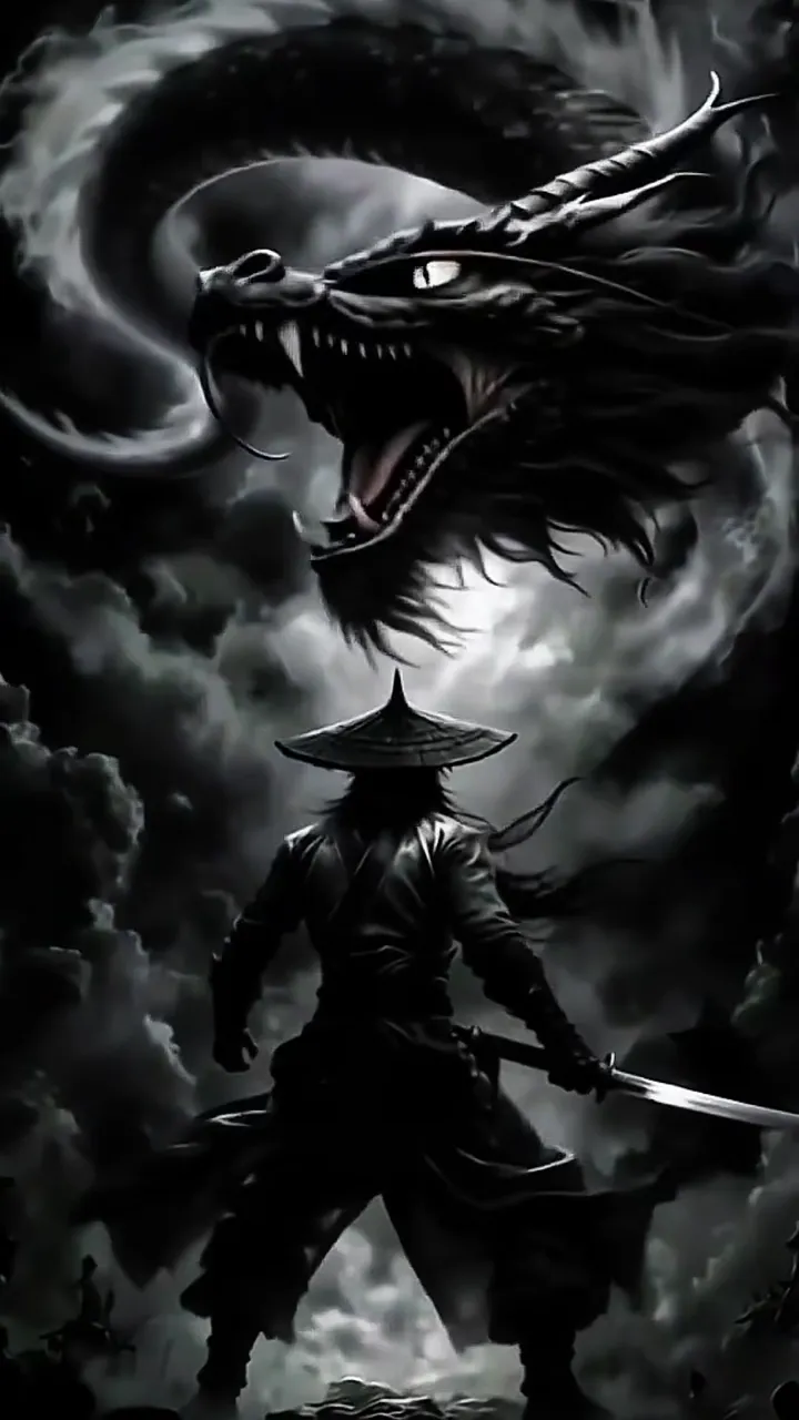 Samurai Facing Giant Dragon In Stormy Sky