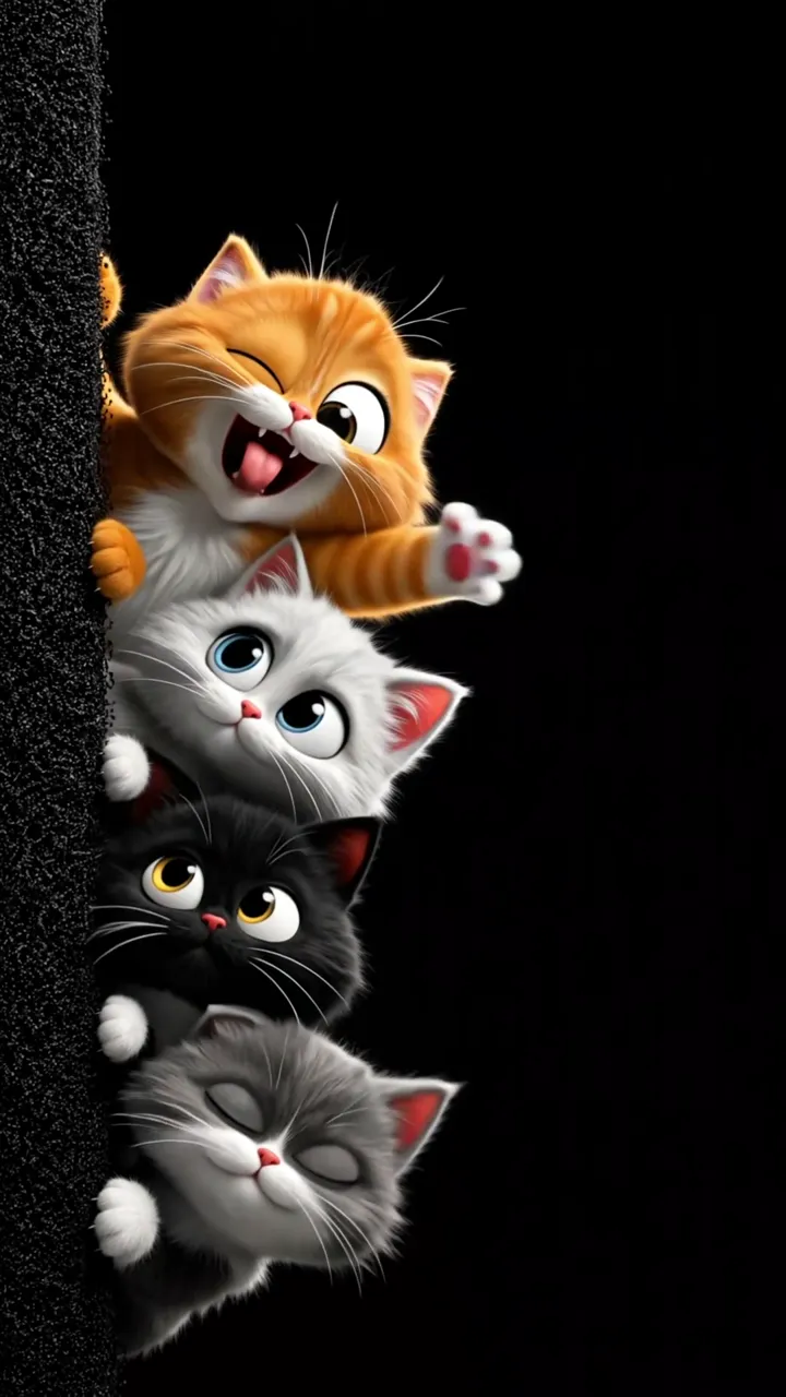 Cute Kitten Trio Peeking From Behind Dark AMOLED Phone Background
