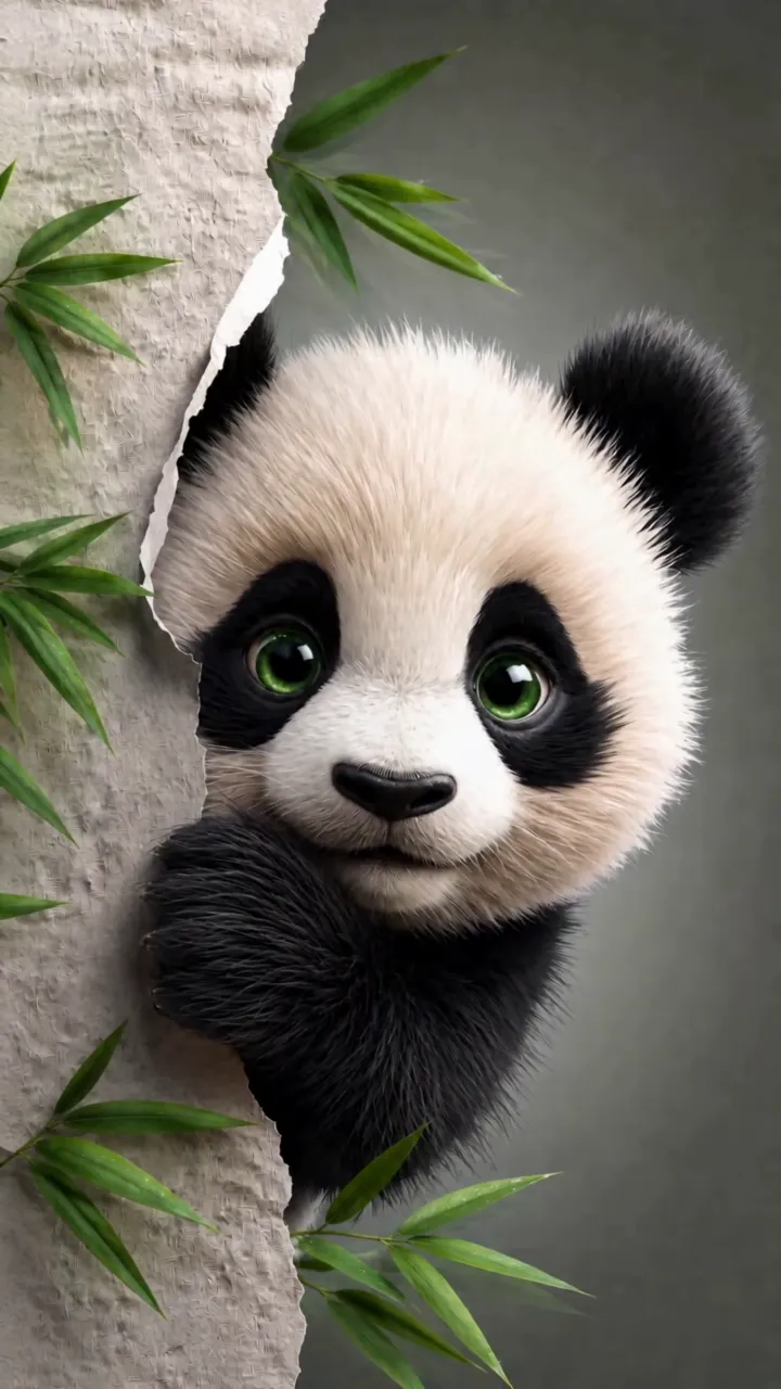 Cute Giant Panda Peeking Through Bamboo Tree