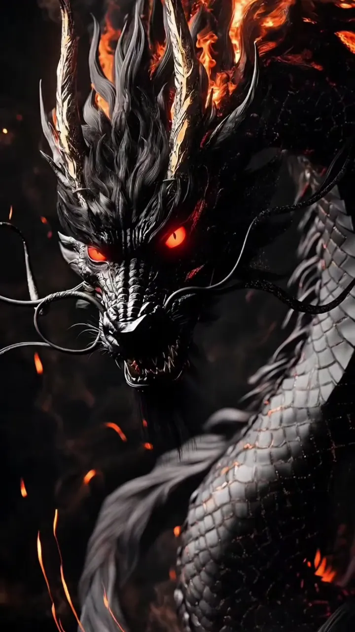 Black Dragon With Fiery Red Eyes And Flame Aura