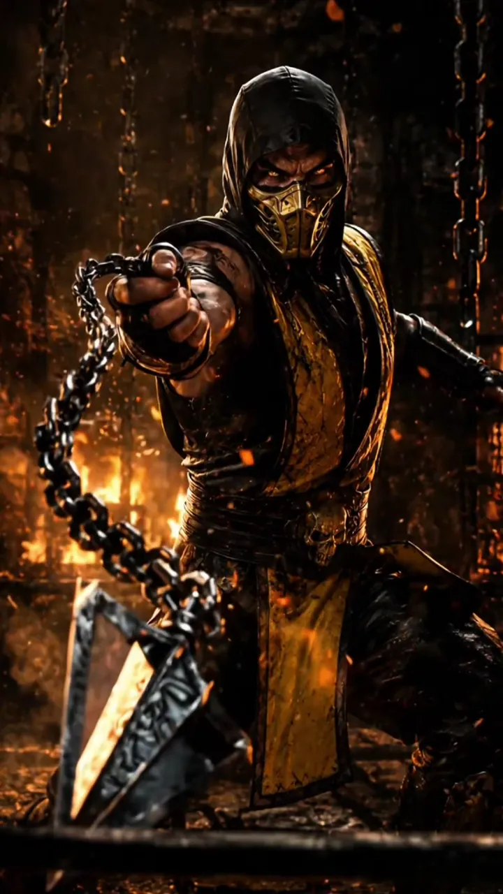Scorpion From Mortal Kombat With Chain And Flame