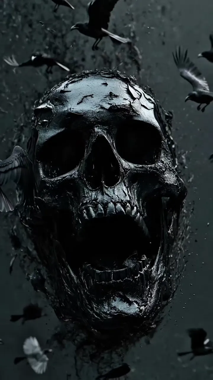 Dark Skull With Flying Crows Midnight Horror Scene