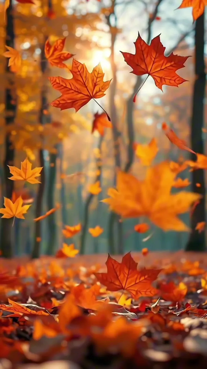 Autumn Maple Leaves Floating In Golden Forest Light