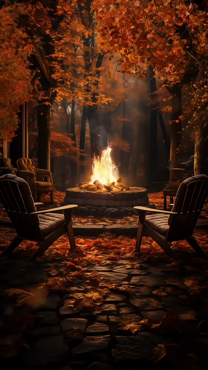 Cozy Autumn Campfire With Wooden Chairs And Falling Leaves