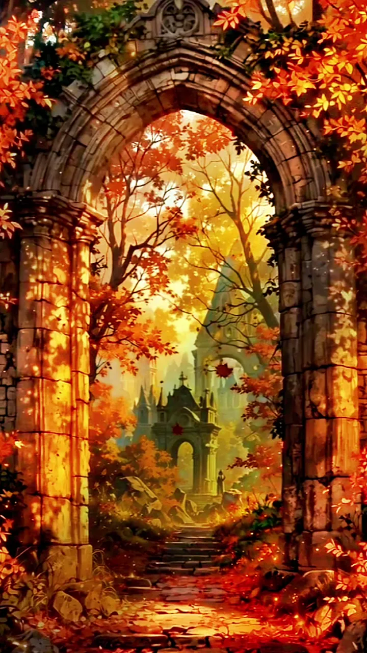 Autumn Cathedral Ruins Through Stone Archway
