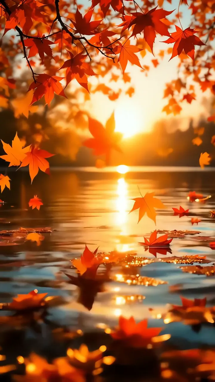Autumn Maple Leaves Floating On Golden Lake At Sunset