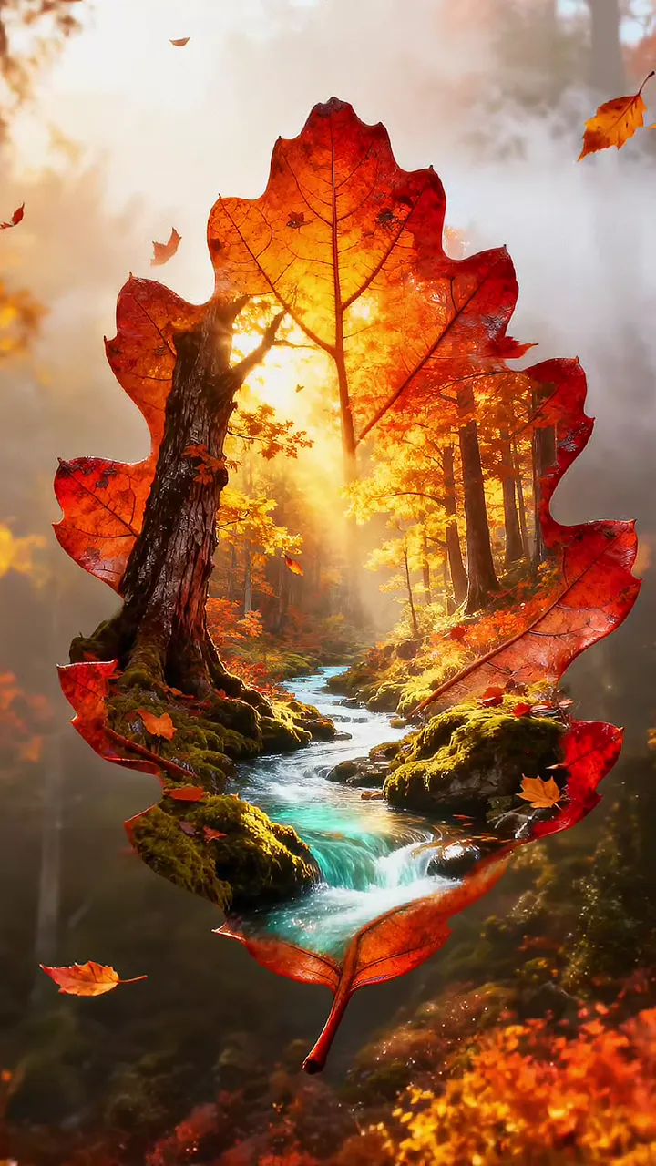 Autumn Forest Scene Framed In A Giant Red Leaf