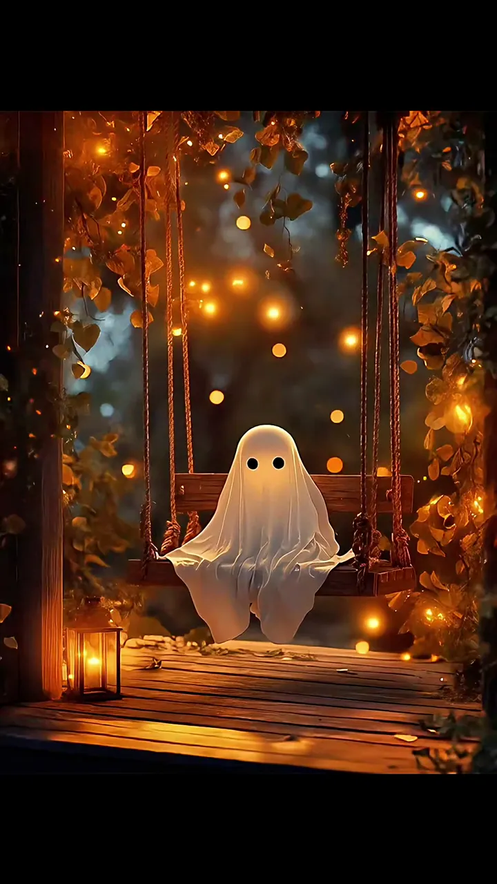 Cute Ghost Sitting On Swing In Autumn Halloween Scene