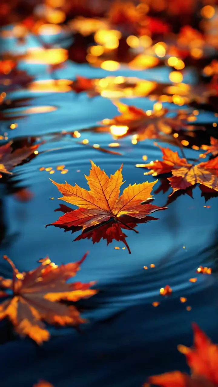 Golden Maple Leaf Floating On Autumn Water Surface