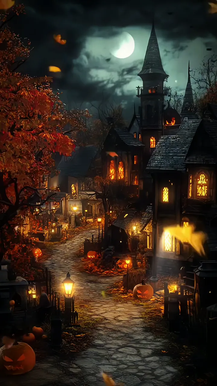 Spooky Halloween Village With Pumpkin Lanterns And Full Moon