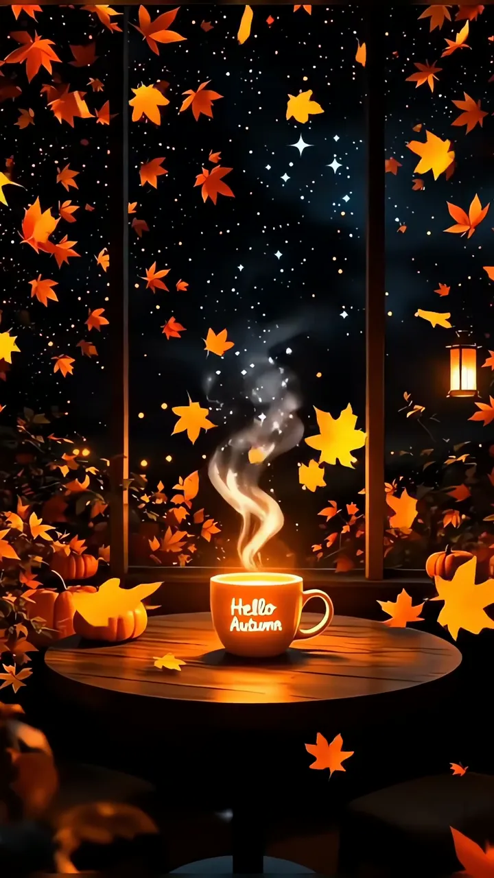 Cozy Autumn Coffee Cup With Falling Maple Leaves And Starry Night