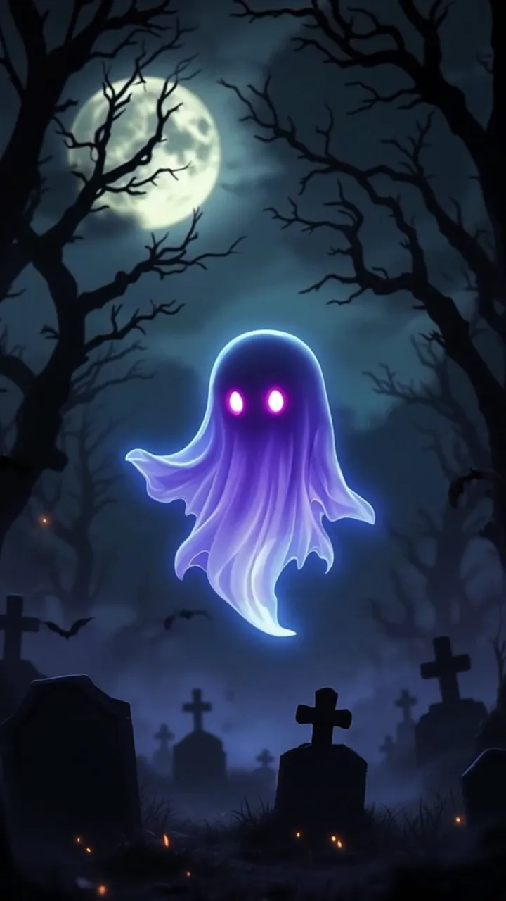 Spooky Purple Ghost Floating Over Graveyard Moonlight Scene