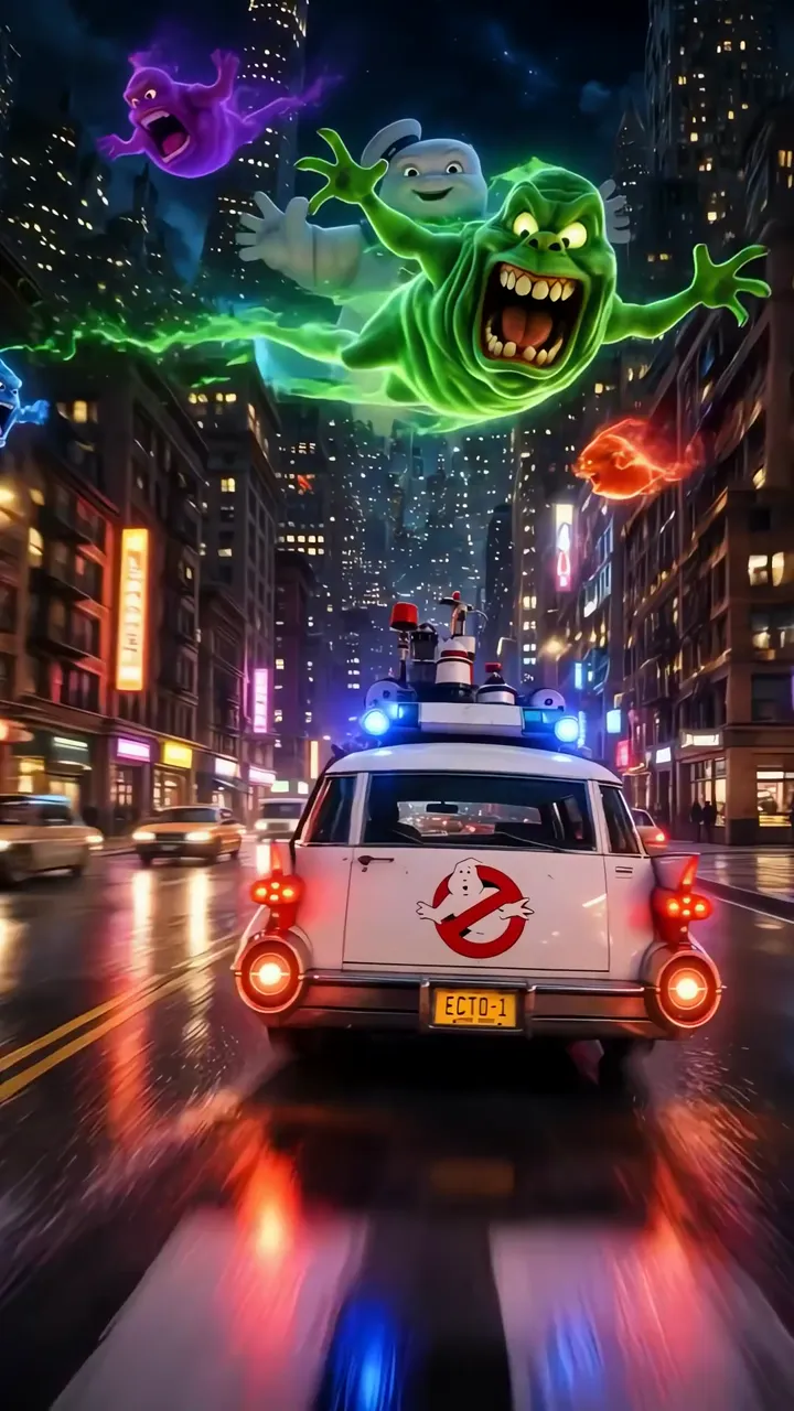 Ghostbusters Ecto-1 Chase With Classic Ghosts Flying Over City