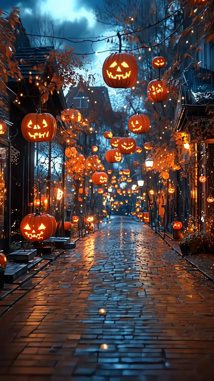 Spooky Pumpkin Lanterns Floating Over Cobblestone Halloween Street