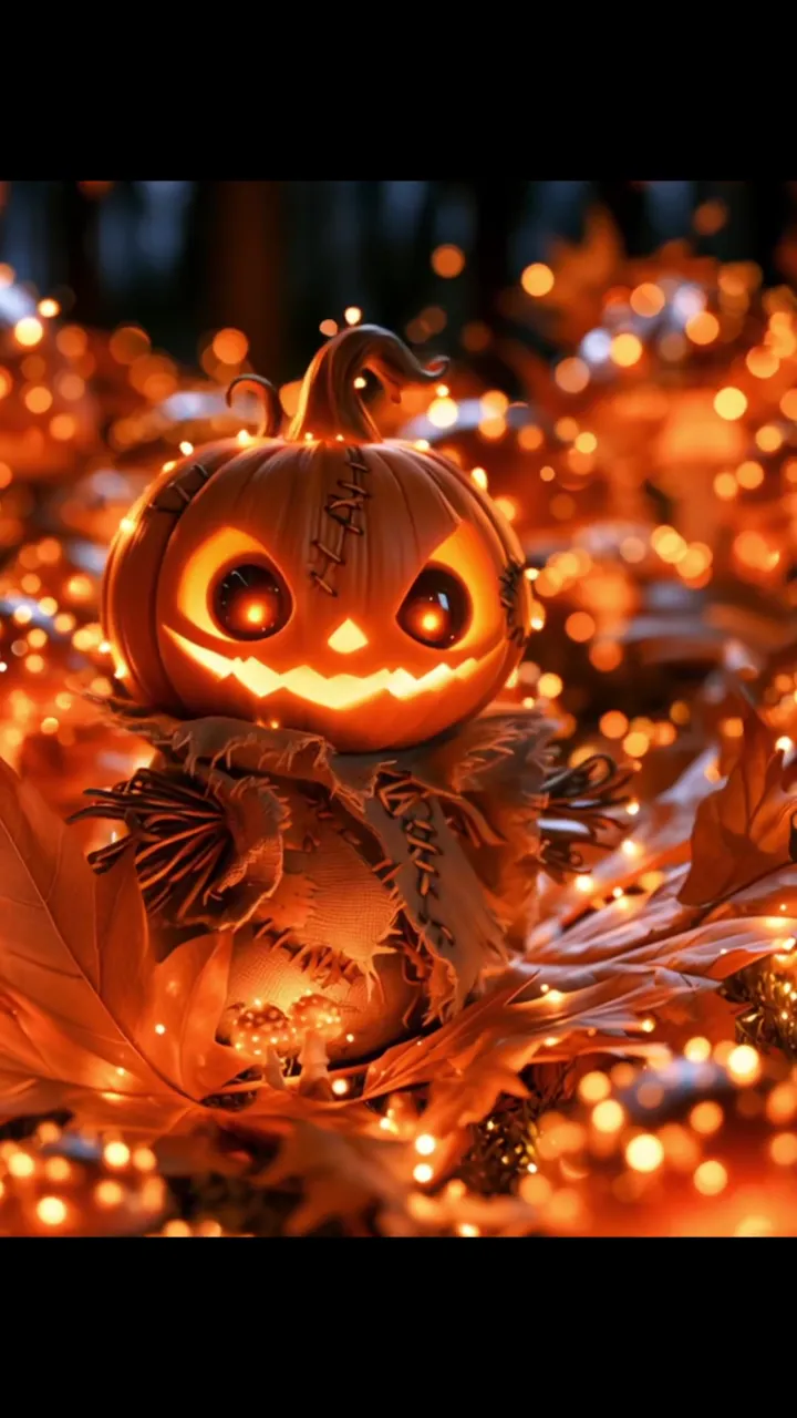 Cute Pumpkin With Glowing Eyes And Autumn Leaves