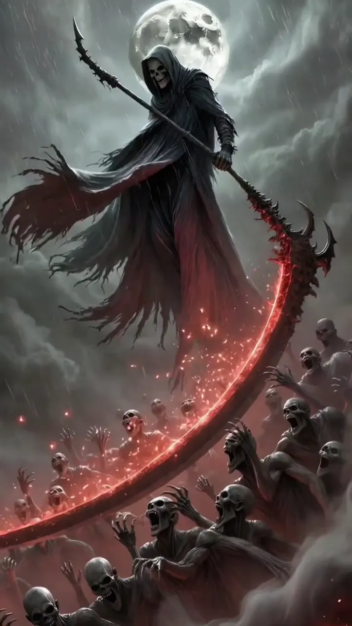 Grim Reaper With Red Scythe And Screaming Skeletons Under Moon